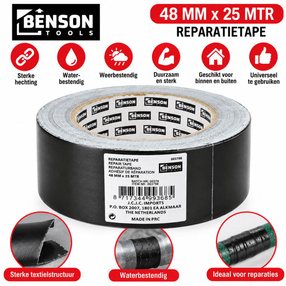 Benson Reparatietape Zwart 25 m × 48 mm – Pantsertape | Waterproof | Ducktape