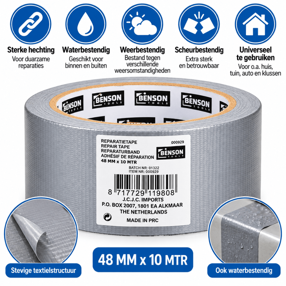 Benson Reparatietape Grijs 10 m × 50 mm – Multifunctionele Ducktape | Klussen & Reparatie