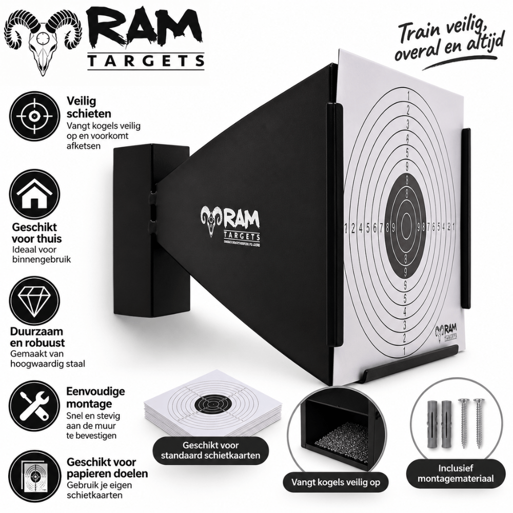 RAM Targets Schietkast & Kogelvanger 14x14 cm – Zwart | Schietsport | Puntlasverbinding