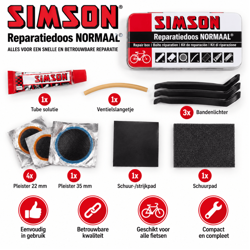 Simson Reparatiedoos Normaal – 12 Plakbeurten | Lekke Band Fiets | Metalen Doosje