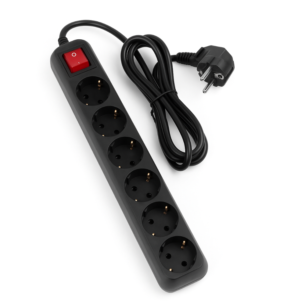 Stekkerdoos 6-voudig met Schakelaar – Randaarde – 1,5 meter – Zwart