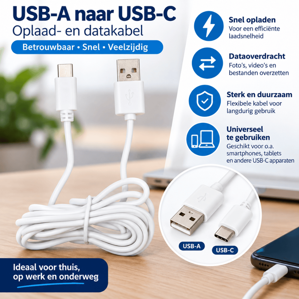 Philips USB-C naar USB-C Kabel 2 Meter – Wit | 2.1A | 480 Mbps | Opladen & Sync