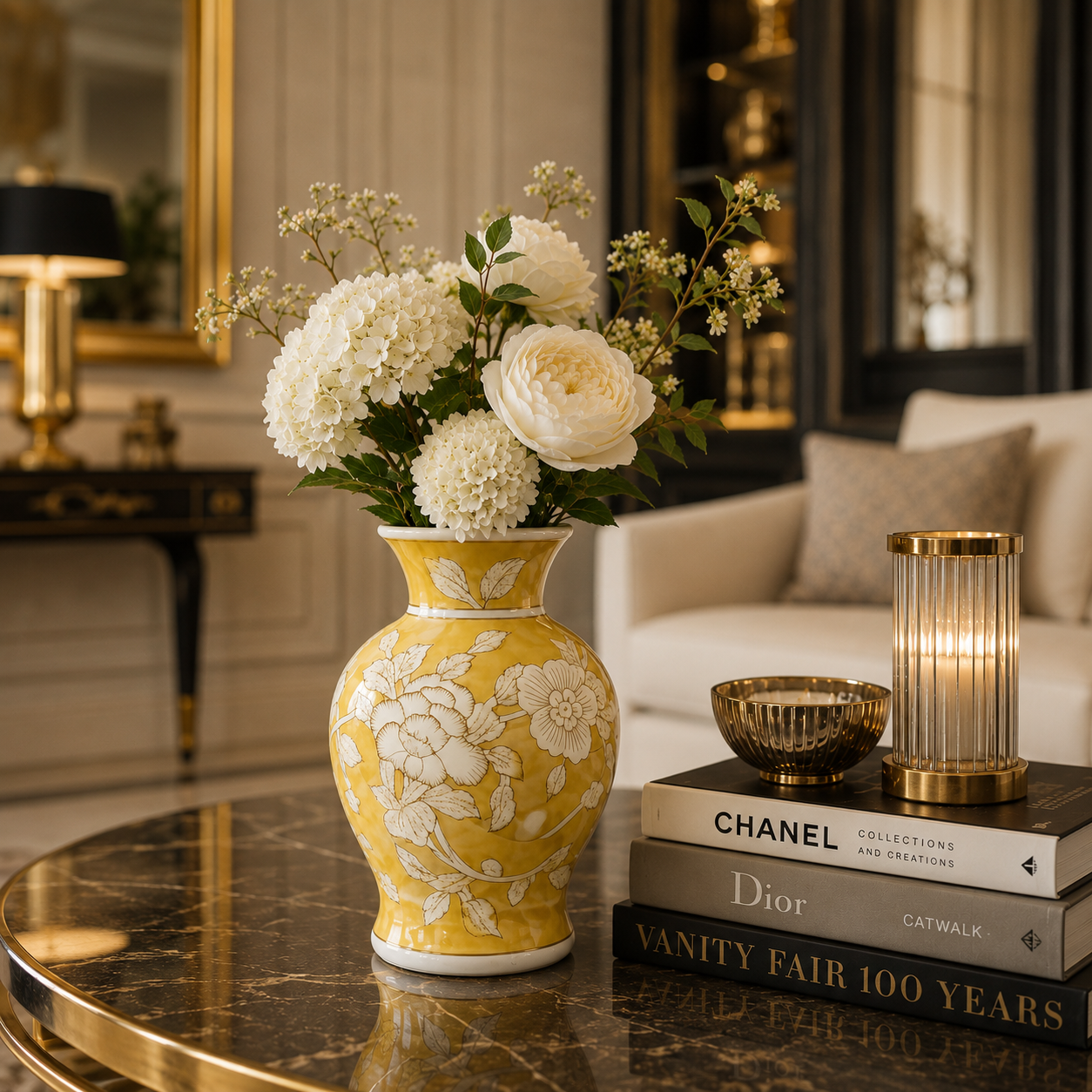 Porseleinen Bloemenvaas – Geel Wit Bloemmotief – Chinoiserie Stijl – Ø 15 × H 18 cm